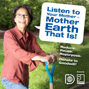 Older woman holding a shovel and caption 'Listen to your mother - mother earth that is'
