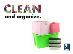 Goodwill graphic with storage bins and text "Clean and Organize" written above
