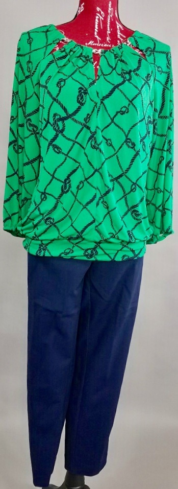 Green top and navy pants from Goodwill