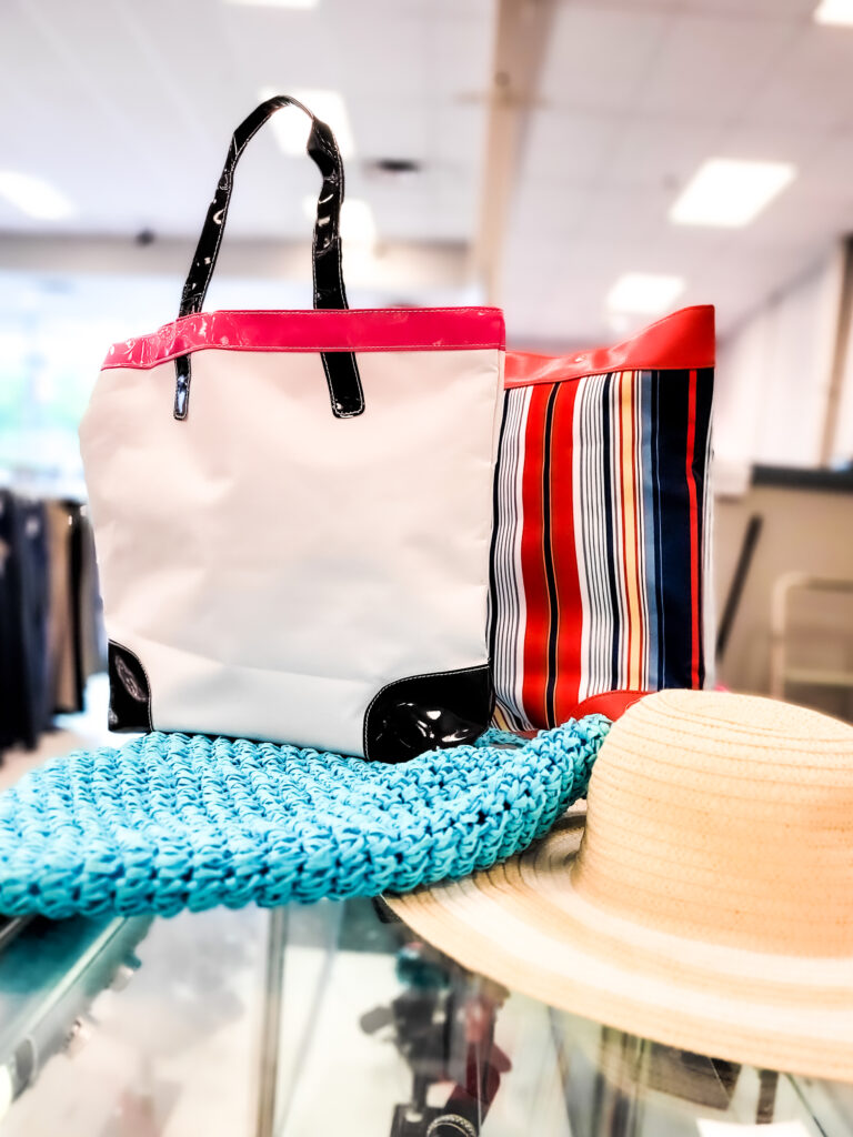 Red and white tote bag from Goodwill