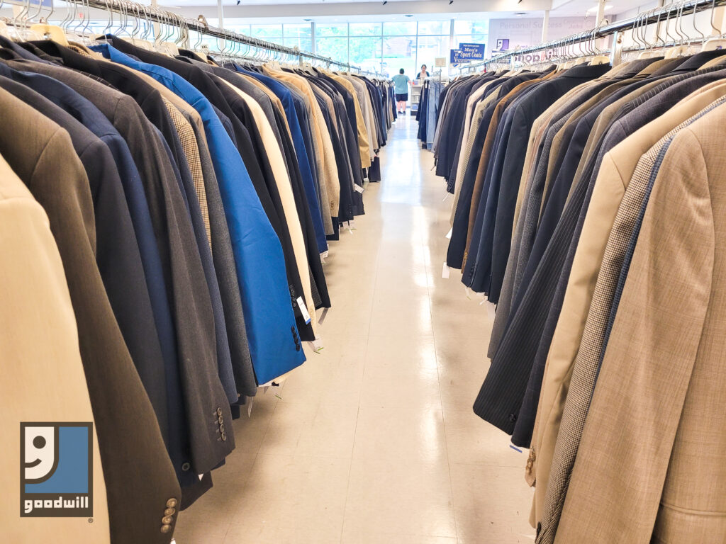 Rack of mens coats at Ohio Valley Goodwill