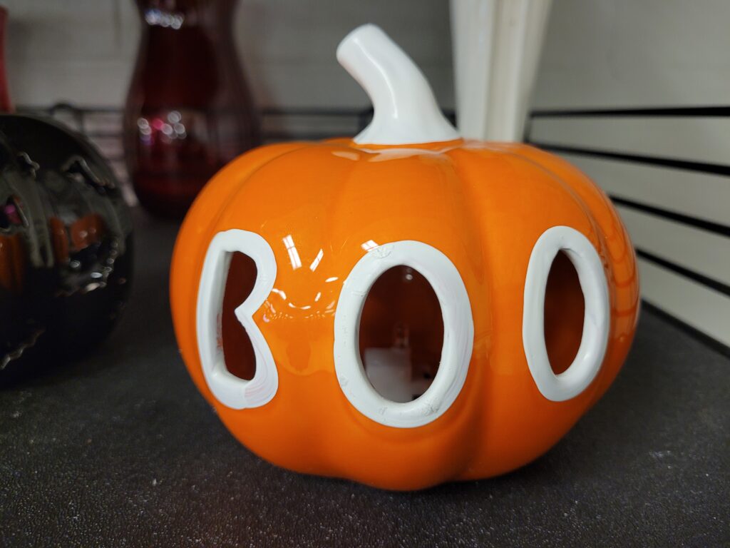 Boo ceramic pumpkin from Goodwill