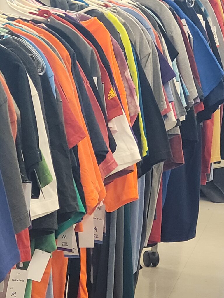 Rack of t-shirts at Ohio Valley Goodwill