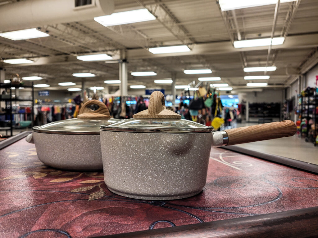 Gray pots and pans from Goodwill in Cincinnati