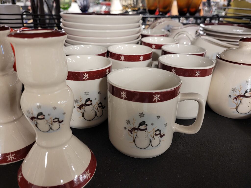 Snowman mugs and dish set from Goodwill