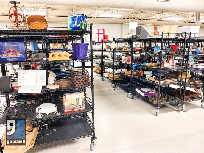 Shelf of inventory at retail store in Goodwill Cincinnati