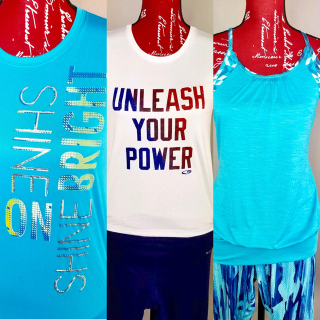 Three mannequins with blue and white tank tops. Middle white tank top has text: Unleash Your Power printed in blue and red color.