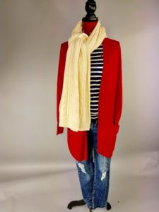 Red cardigan with yellow scarf from Ohio Valley Goodwill