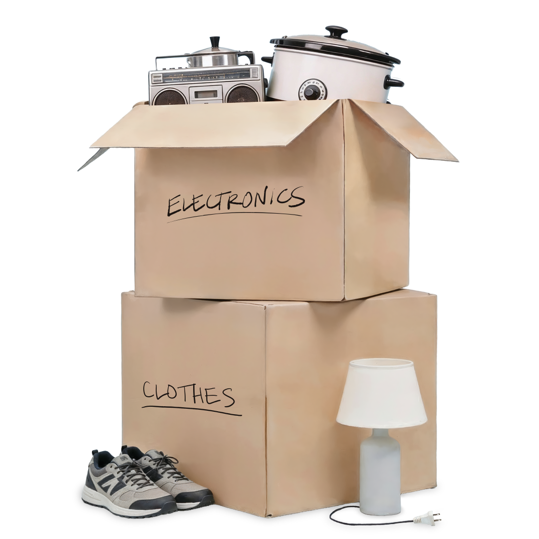 Moving boxes labeled electronics and clothes with household items