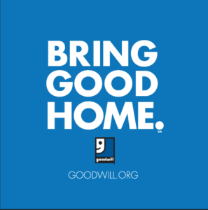 Blue logo with text: Bring Good Home and Goodwill's logo. Goodwill.org URL is in text below.