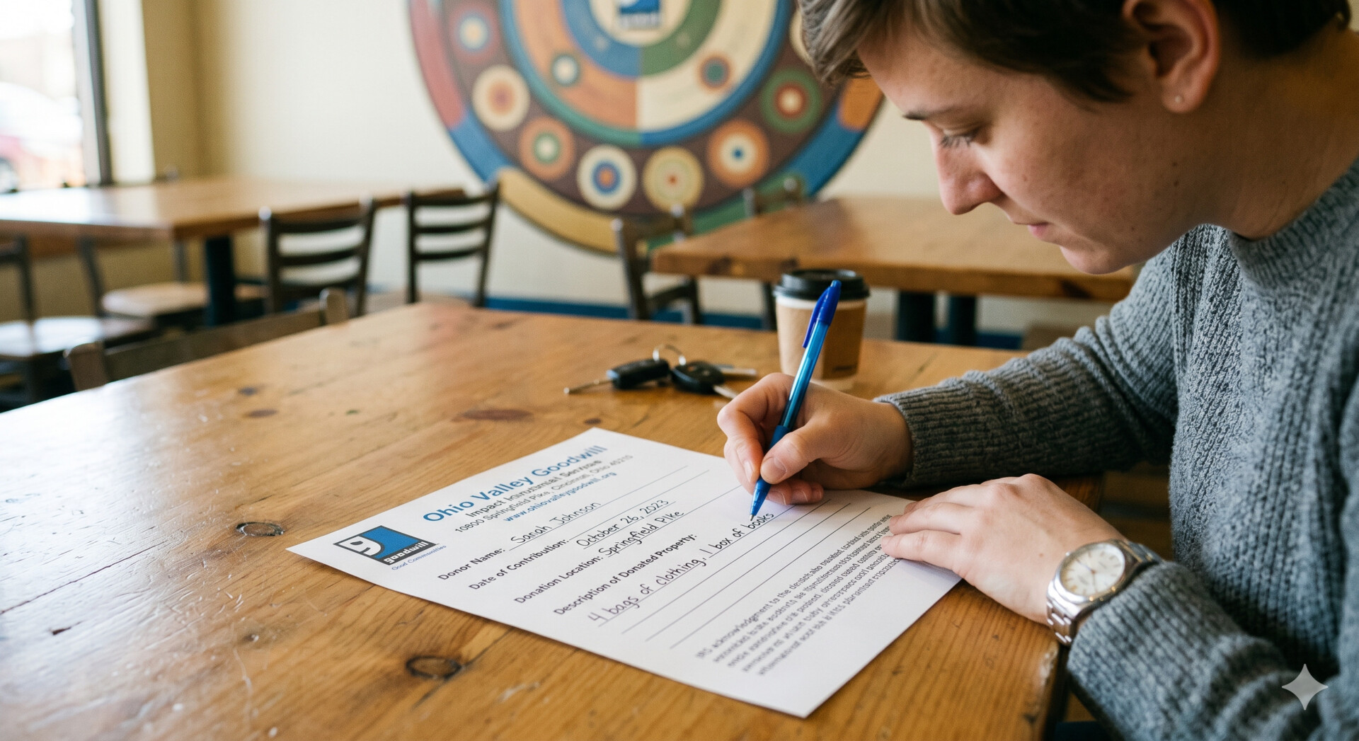Woman completing Goodwill donation form at café table