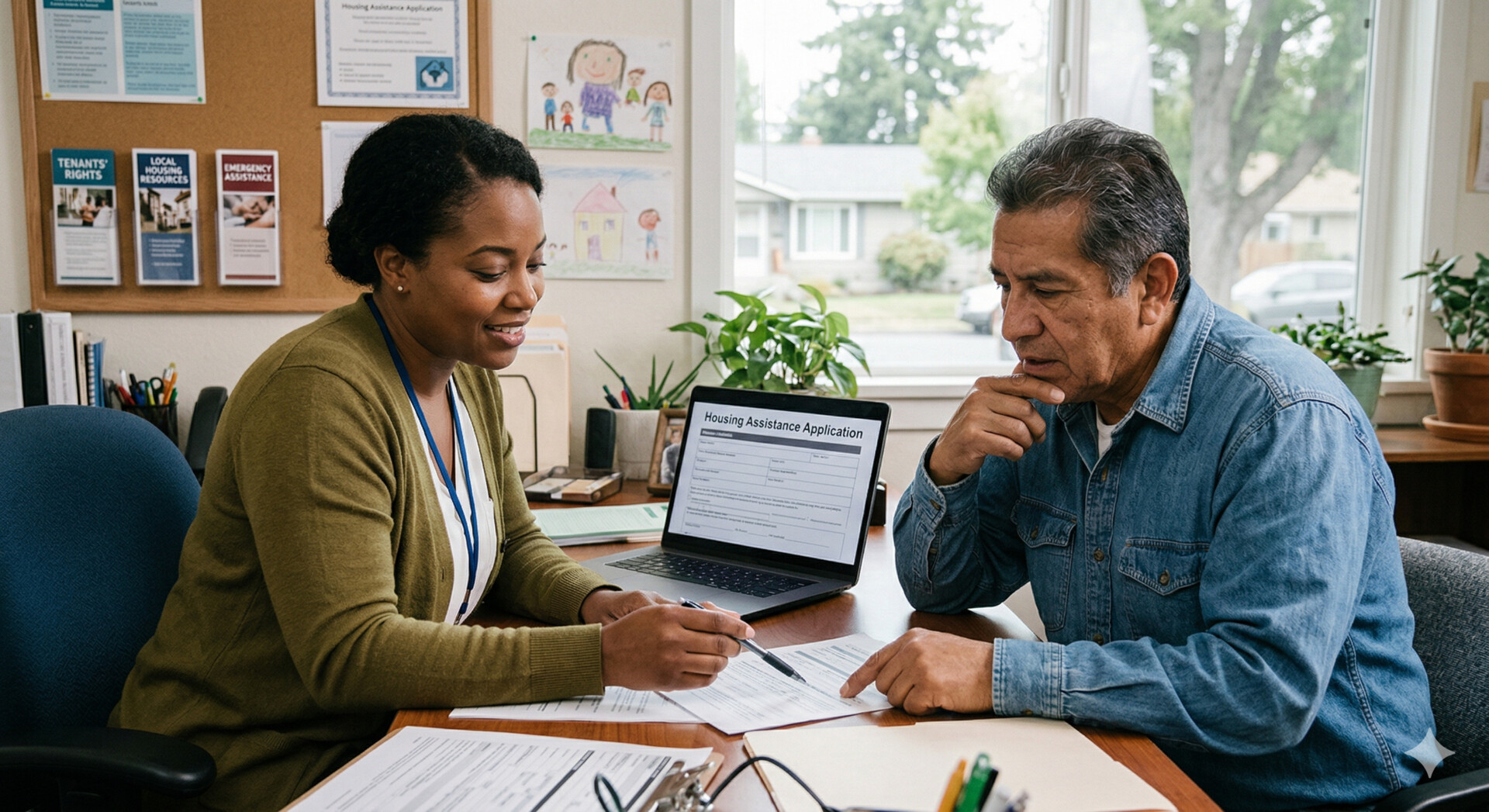 Caseworker assisting man with housing assistance application.