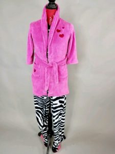 mannequin wearing pink robe and zebra stripped pajama pants