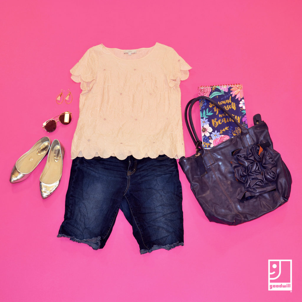 Pink shirt with jean shorts and purple purse