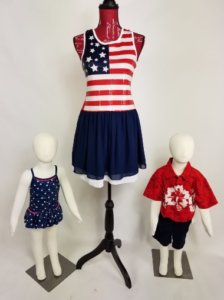 Red white and blue outfits on mannequins from Ohio Valley Goodwill