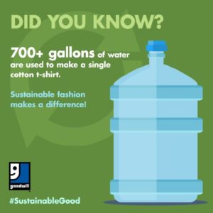 Green graphic with water jug and text: Did you Know? 700+ gallons of water are used to make a single cotton t-shirt. Sustainable Fashion makes a difference!