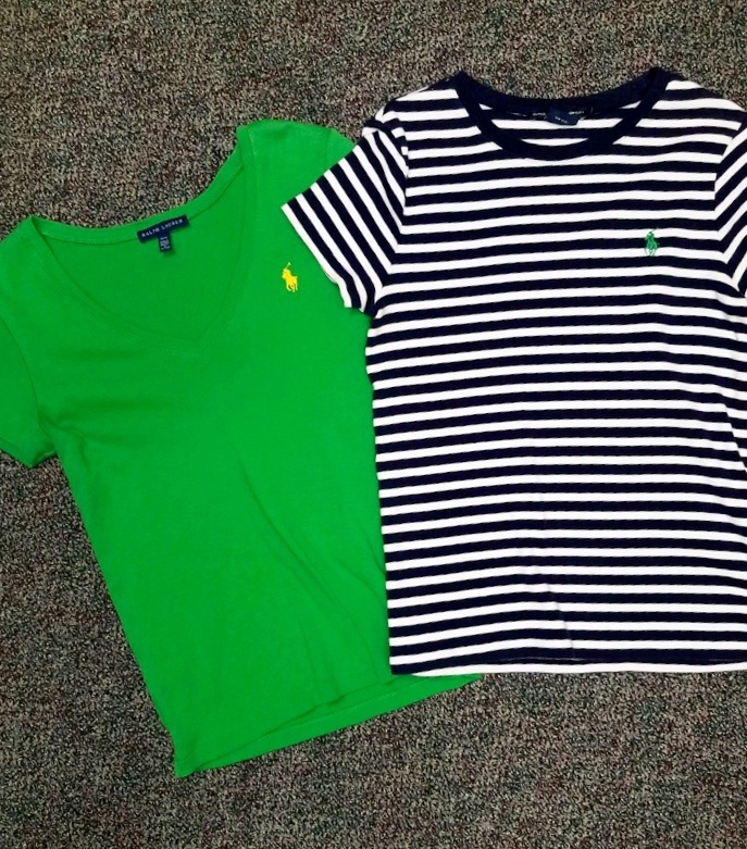 two short sleeve t-shirts; one is lime green and the other is black and white striped.