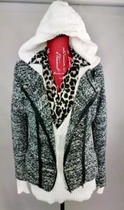 Mannequin dressed in white hoodie with gray jacket and leopard scarf from Goodwill