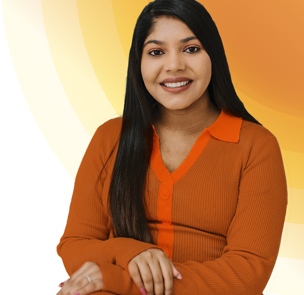 Smiling woman in orange top on yellow background