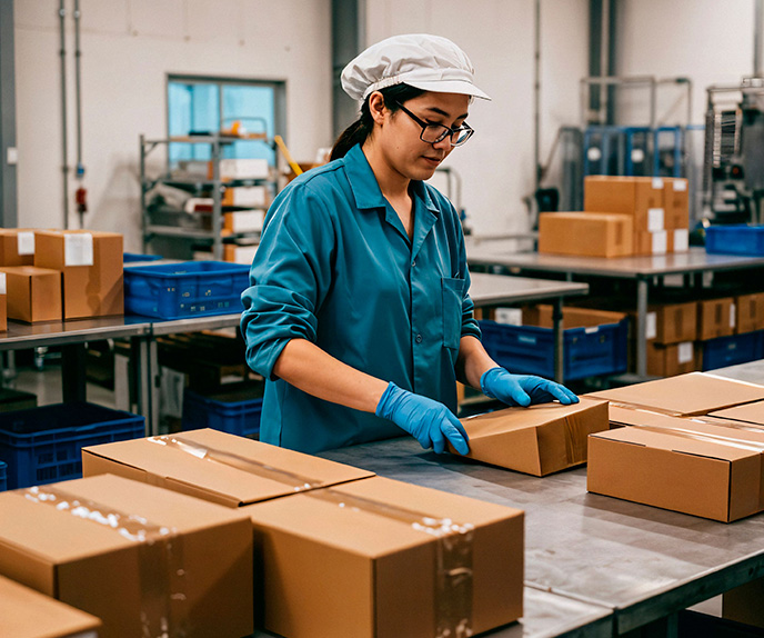 Factory worker packing cardboard boxes in warehouse