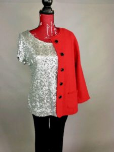 Sparkly t-shirt with red sweater from Goodwill
